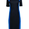 Hugo Boss - Navy & Blue Mock Neck Fitted Midi Dress Sz L
