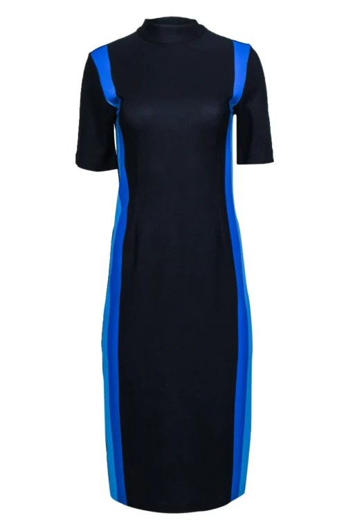 Hugo Boss - Navy & Blue Mock Neck Fitted Midi Dress Sz L