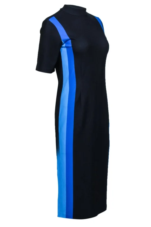 Hugo Boss - Navy & Blue Mock Neck Fitted Midi Dress Sz L