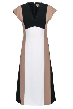 Hugo Boss - White, Beige, & Black Color Block "Debrany" Midi Dress Sz 2