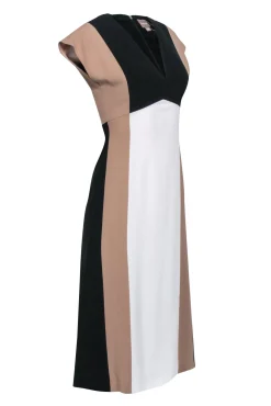 Hugo Boss - White, Beige, & Black Color Block "Debrany" Midi Dress Sz 2