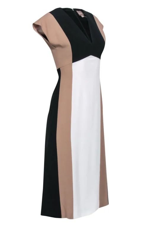Hugo Boss - White, Beige, & Black Color Block "Debrany" Midi Dress Sz 2