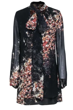 Intermix - Black & Brown Floral Print Silk Shift Dress w/ Necktie Sz M