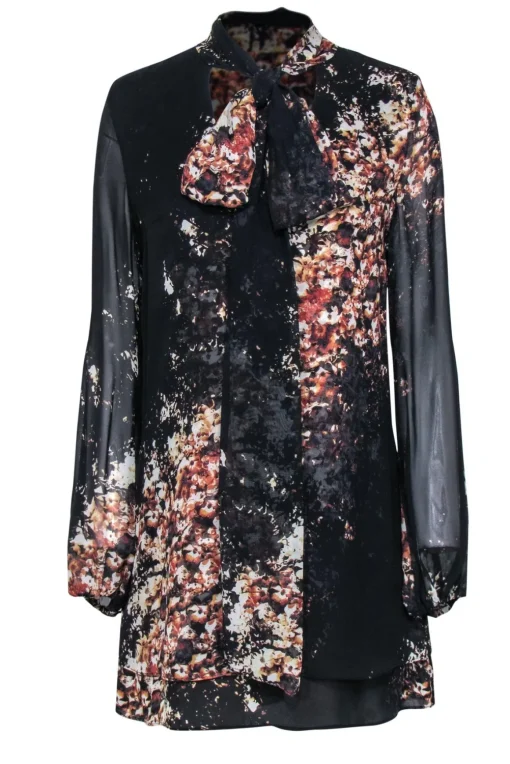 Intermix - Black & Brown Floral Print Silk Shift Dress w/ Necktie Sz M