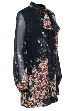 Intermix - Black & Brown Floral Print Silk Shift Dress w/ Necktie Sz M