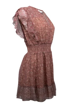 Intermix - Clay Brown & Beige Paisley Print Silk Mini Dress Sz 6