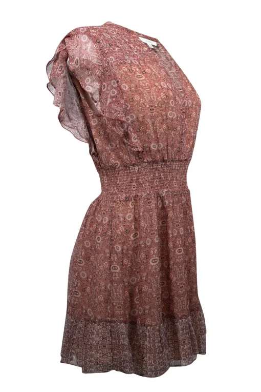Intermix - Clay Brown & Beige Paisley Print Silk Mini Dress Sz 6