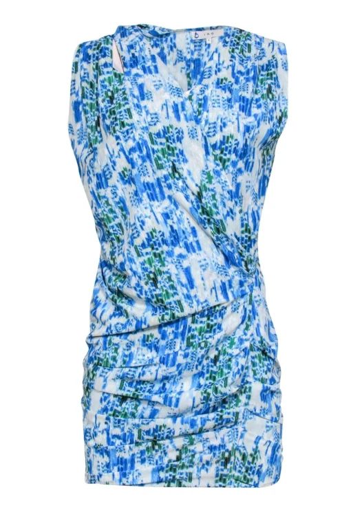 IRO - Blue, White & Green Abstract Print Ruched Shift Dress w/ Shoulder Cutouts Sz 4