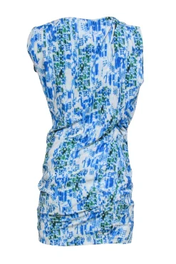 IRO - Blue, White & Green Abstract Print Ruched Shift Dress w/ Shoulder Cutouts Sz 4