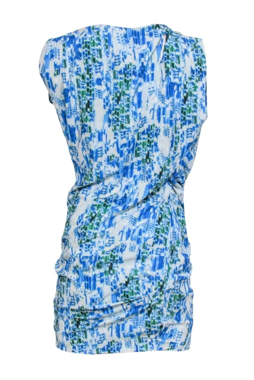 IRO - Blue, White & Green Abstract Print Ruched Shift Dress w/ Shoulder Cutouts Sz 4