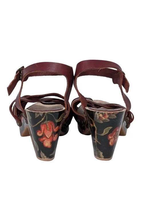 Isabel Marant - Maroon & Floral Print Wooden Strappy Sandals Sz 9