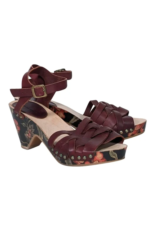 Isabel Marant - Maroon & Floral Print Wooden Strappy Sandals Sz 9