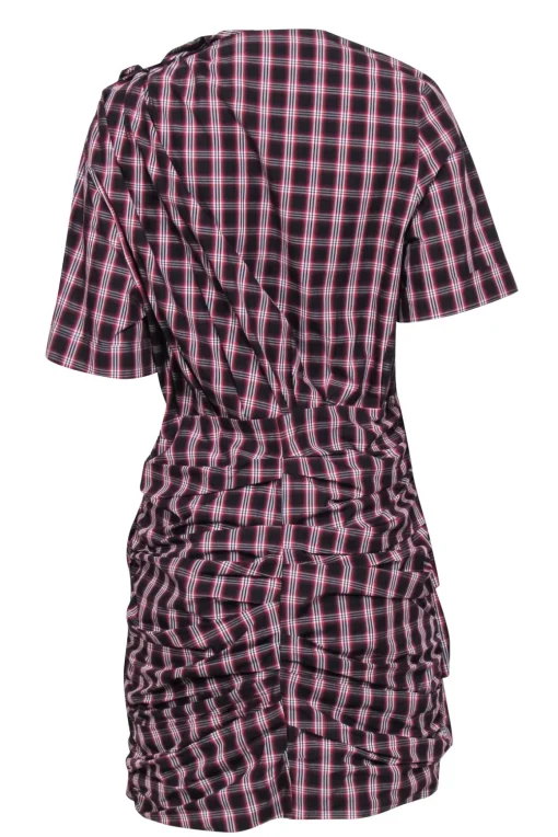 Isabel Marant Etoile - Black w/ Red & Cream "Oria" Shirred Check-Print Dress Sz 10