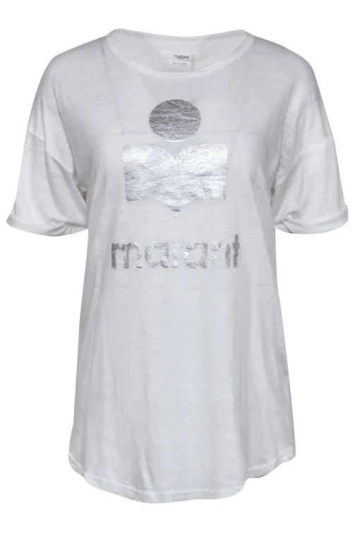 Isabel Marant Etoile - White Linen Tee w/ Silver Logo Graphic Sz L