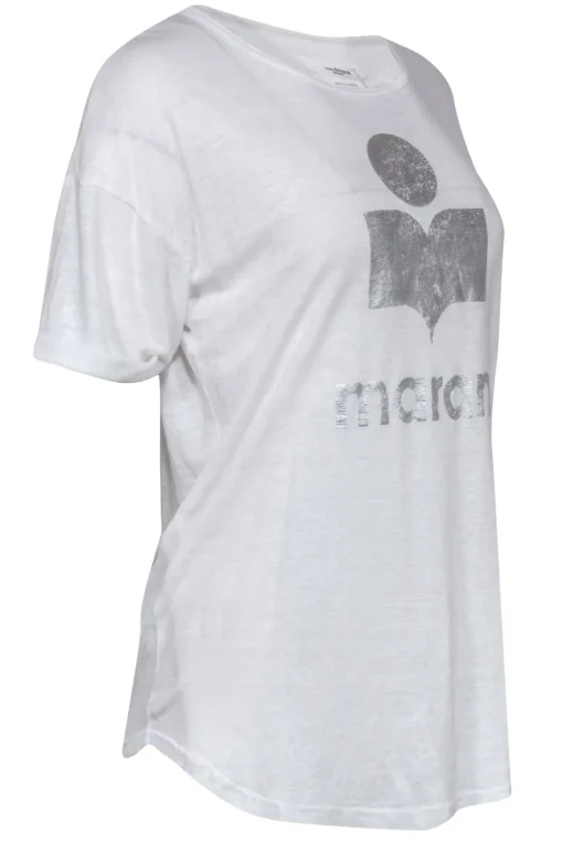 Isabel Marant Etoile - White Linen Tee w/ Silver Logo Graphic Sz L