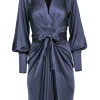 Issa London - Blue Silk Long Sleeve Tie Front Midi Dress Sz 4