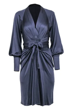 Issa London - Blue Silk Long Sleeve Tie Front Midi Dress Sz 4