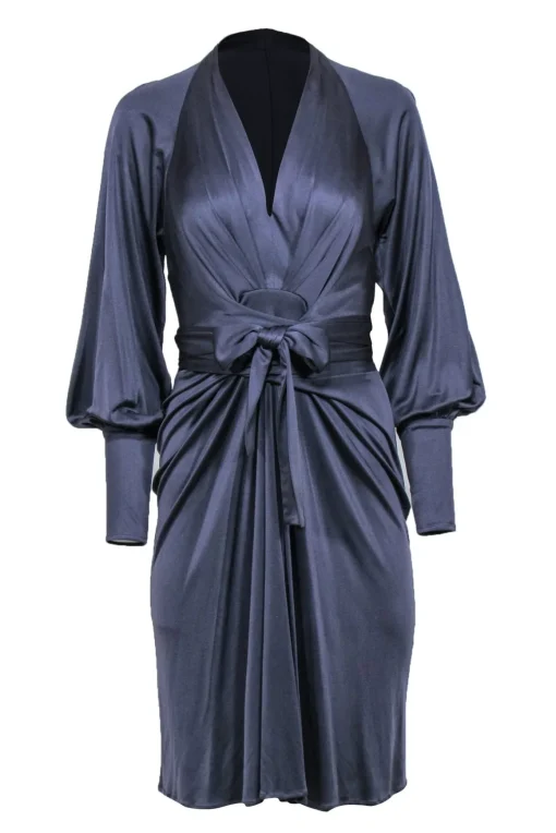 Issa London - Blue Silk Long Sleeve Tie Front Midi Dress Sz 4