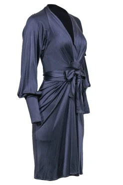 Issa London - Blue Silk Long Sleeve Tie Front Midi Dress Sz 4