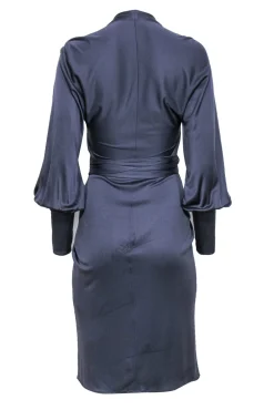 Issa London - Blue Silk Long Sleeve Tie Front Midi Dress Sz 4