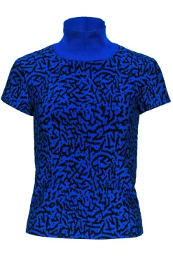 Issa London - Cobalt Blue & Black Printed Short Sleeve Turtleneck Sweater Sz XS