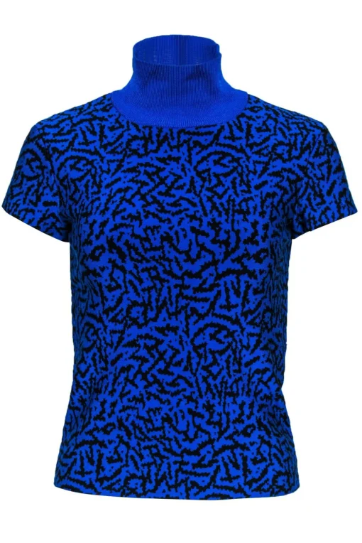 Issa London - Cobalt Blue & Black Printed Short Sleeve Turtleneck Sweater Sz XS