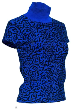 Issa London - Cobalt Blue & Black Printed Short Sleeve Turtleneck Sweater Sz XS