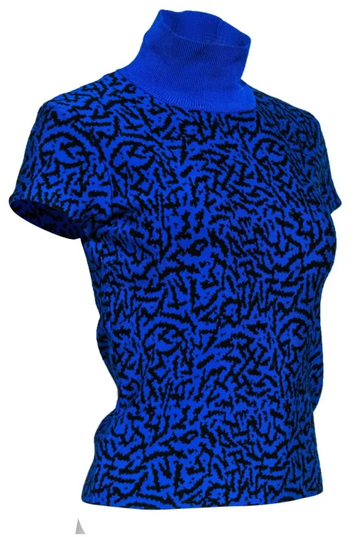 Issa London - Cobalt Blue & Black Printed Short Sleeve Turtleneck Sweater Sz XS