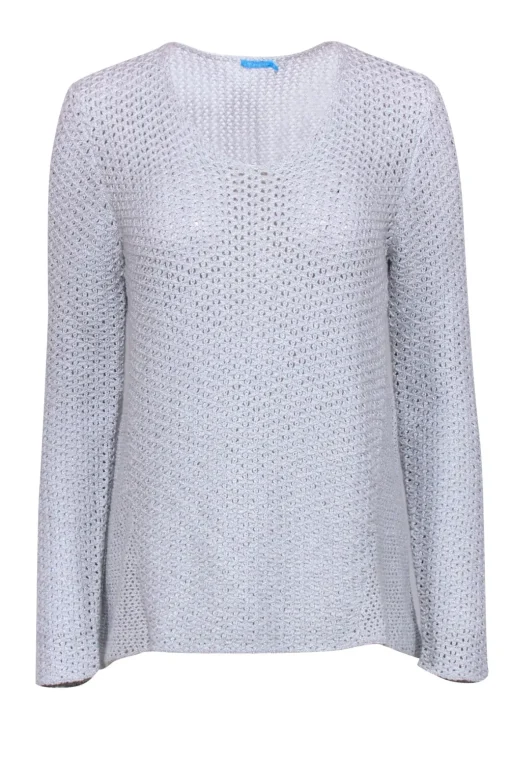 J. McLaughlin - Grey & Silver Long Sleeve Pointelle Pullover Sweater Sz M