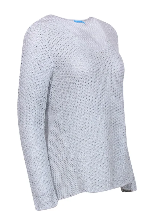 J. McLaughlin - Grey & Silver Long Sleeve Pointelle Pullover Sweater Sz M