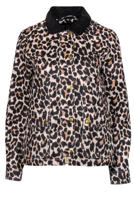 J.Crew - Beige & Black Leopard Print Coated Jacket w/ Corduroy Collar Sz XS