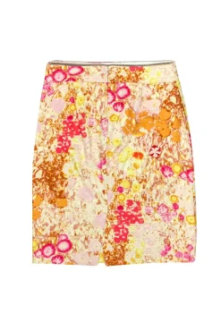 J.Crew - Pink & Yellow Abstract Floral Print Textured Pencil Skirt Sz 0