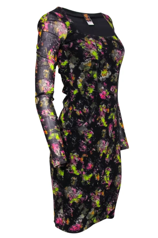 Jean Paul Gaultier Soleil - Black Floral Mesh Scoop Neck Bodycon Dress Sz S