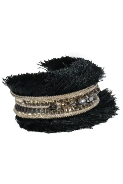Jenny Packham - Gold & Black Jeweled Bangle w/ Fringe