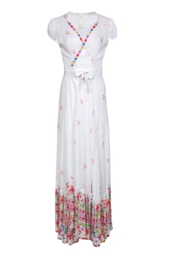Jen's Pirate Booty - White Short Sleeve Maxi Wrap Dress w/ Aztec Print Sz M