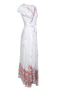Jen's Pirate Booty - White Short Sleeve Maxi Wrap Dress w/ Aztec Print Sz M