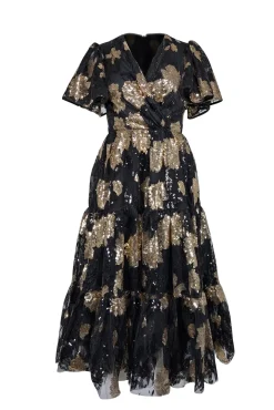 Jessakae - Black & Gold Sequin Embellished Tiered Midi Dress Sz XXS