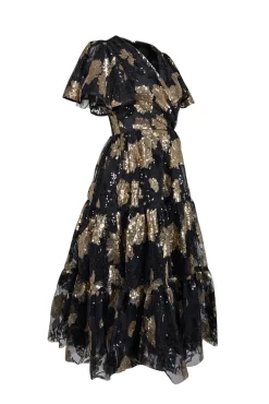 Jessakae - Black & Gold Sequin Embellished Tiered Midi Dress Sz XXS