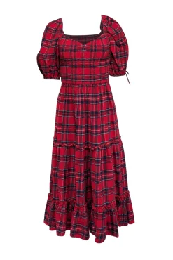 Jessakae - Red & Navy Plaid Cotton Puff Sleeve Midi Dress Sz XXS