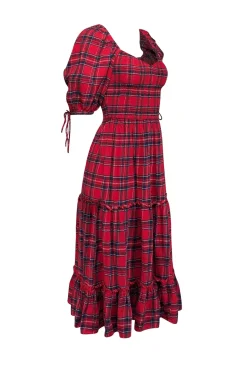 Jessakae - Red & Navy Plaid Cotton Puff Sleeve Midi Dress Sz XXS