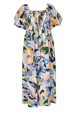 Jessie Zhao - Blue, Orange, & Green Print Puff Sleeve Smocked Dress Sz S