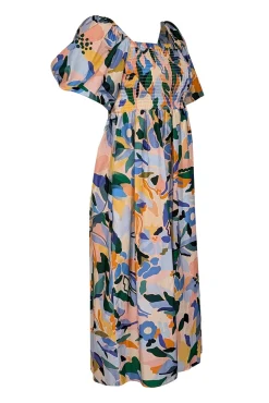 Jessie Zhao - Blue, Orange, & Green Print Puff Sleeve Smocked Dress Sz S