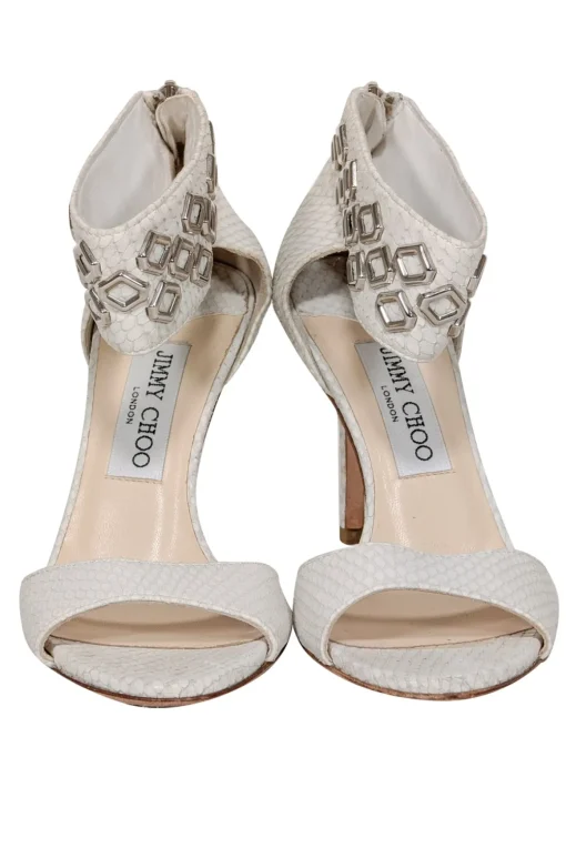Jimmy Cho - Ivory Snake Skin Embossed Leather Open Toe Pumps Sz 6
