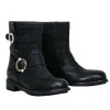 Jimmy Choo - Black Sparkle Textured Leather Ankle Lugsole Boot w/ Pearl Buckles Sz 6.5