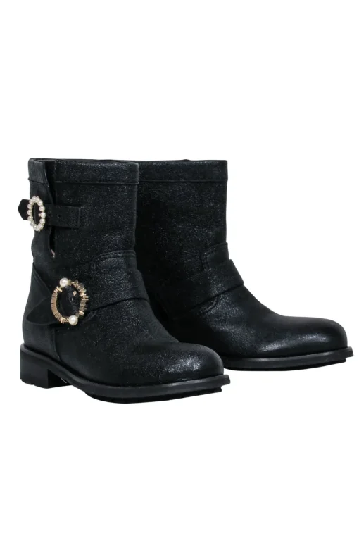 Jimmy Choo - Black Sparkle Textured Leather Ankle Lugsole Boot w/ Pearl Buckles Sz 6.5