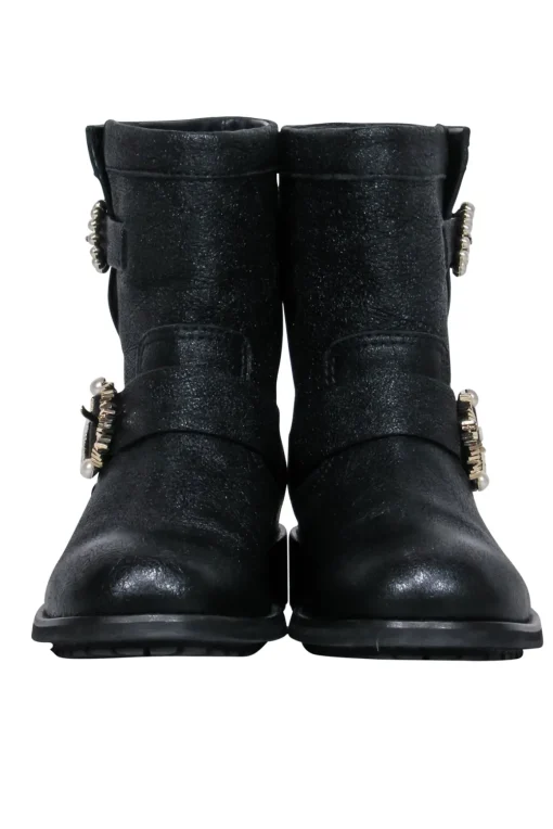 Jimmy Choo - Black Sparkle Textured Leather Ankle Lugsole Boot w/ Pearl Buckles Sz 6.5