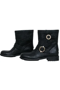Jimmy Choo - Black Sparkle Textured Leather Ankle Lugsole Boot w/ Pearl Buckles Sz 6.5