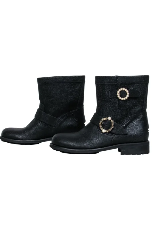Jimmy Choo - Black Sparkle Textured Leather Ankle Lugsole Boot w/ Pearl Buckles Sz 6.5