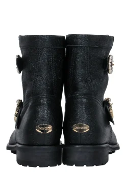 Jimmy Choo - Black Sparkle Textured Leather Ankle Lugsole Boot w/ Pearl Buckles Sz 6.5