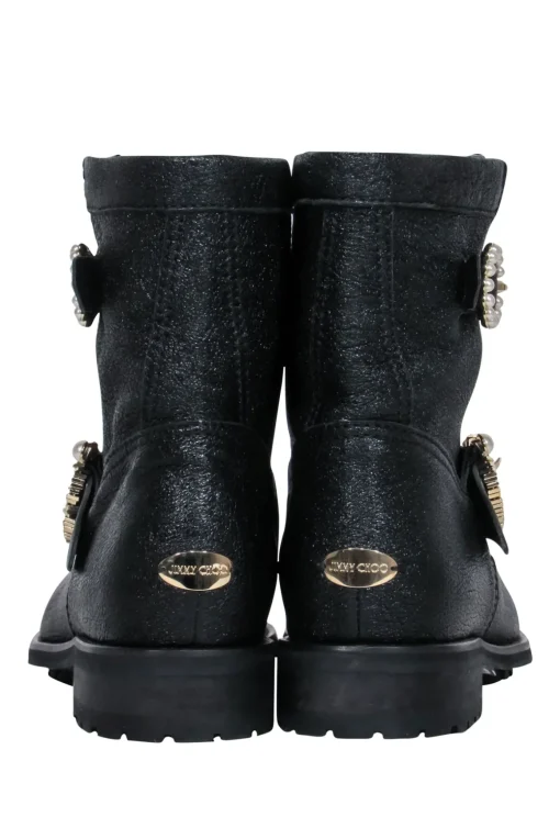 Jimmy Choo - Black Sparkle Textured Leather Ankle Lugsole Boot w/ Pearl Buckles Sz 6.5